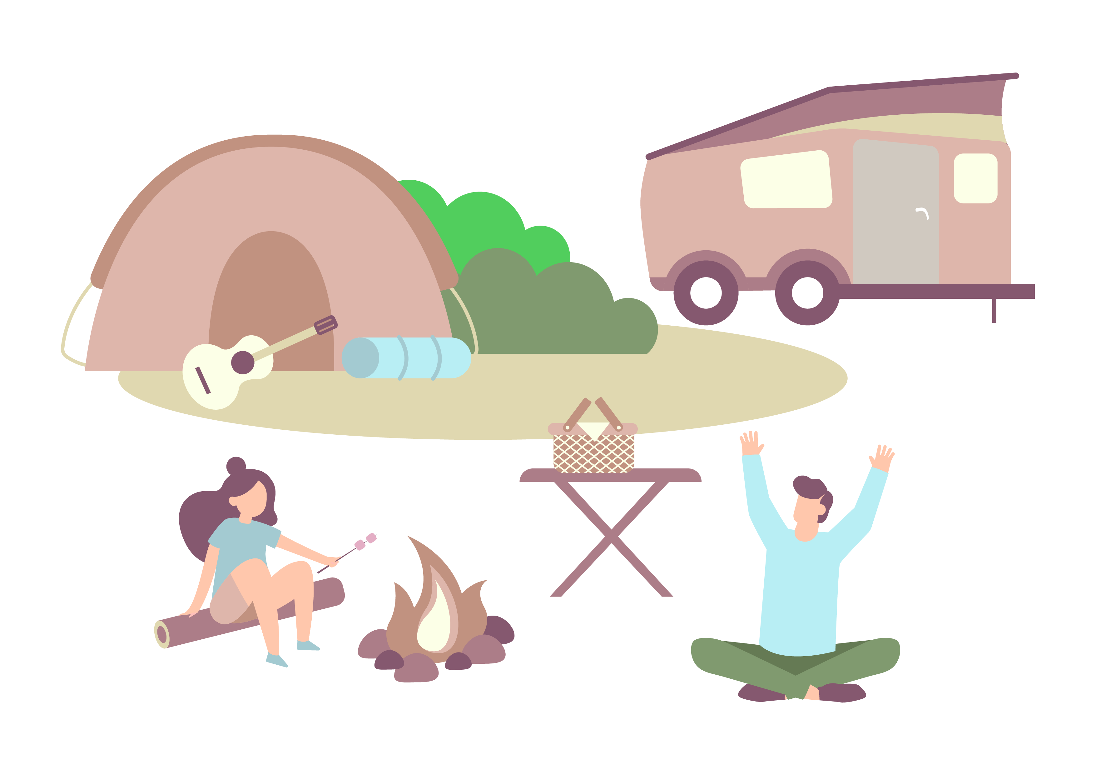 A guy and a girl sitting around the fire while camping graphic on RV Park SEO about us page